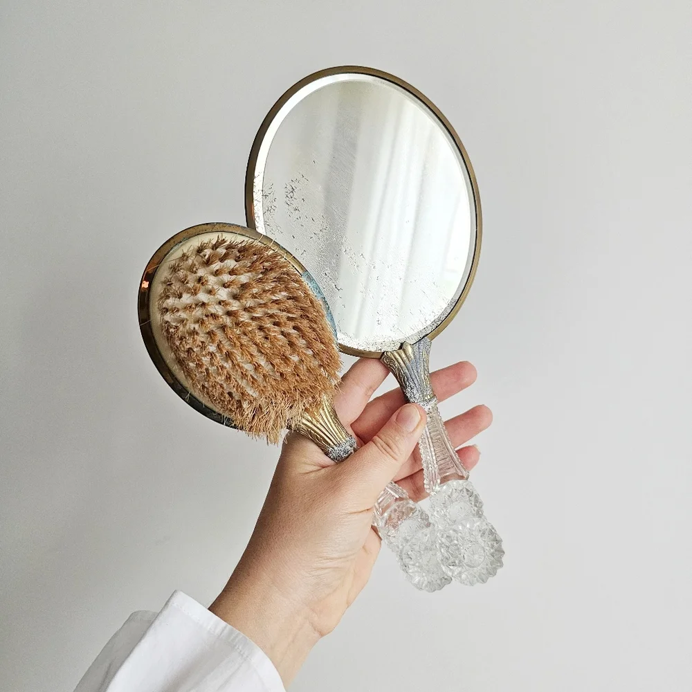 🪞 Early 1900s Antique Vanity Mirror & Brush Set Guilloché Style Glass Handles